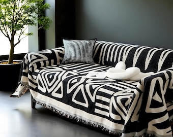 Reversible Chenille Throw Blanket: Boho Geometric Tribal Design, Tassel Trim