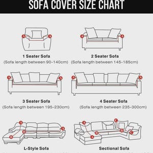 May include: A sofa cover size chart with illustrations of different sofa styles, including 1, 2, 3, and 4-seater sofas, L-style sofas, and sectional sofas. The chart provides measurements in centimeters for each sofa type.
