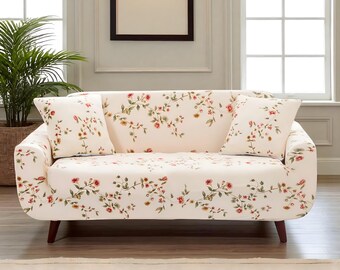 Floral Sofa Cover with Skirt: Stretch Polyester Couch Protector
