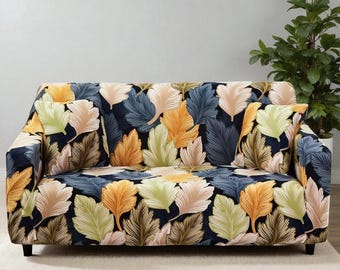 Stretch Sofa Cover: Modern Ginkgo Leaf Pattern Couch Protector, Living Room Slipcover