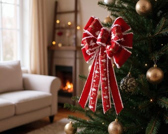 Red Velvet Christmas Bow: Snowflake Tree Topper, Frosted Holiday Decor
