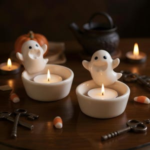 Ceramic Ghost Candle Holder – Cute Halloween Bowl for Jewelry, Candles, or Candy, Spooky Ghost Decor for Fall Gift Giving or Home Accent