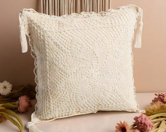 Handcrafted Cotton Hemp Crochet Pillow Cover: Boho Geometric Cushion (40x40cm)