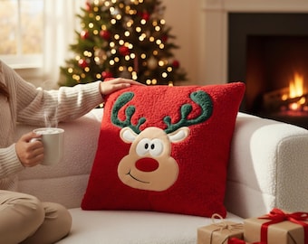 Embroidered Reindeer Christmas Pillow Cover - Red Holiday Cushion