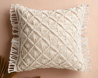 Handmade Macrame Cushion Cover: Boho Geometric Pillow, Cotton Blend
