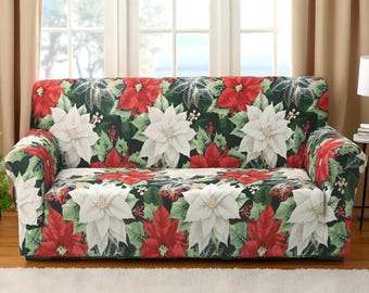 Christmas Poinsettia Sofa Cover: Festive Holiday Couch Slipcover