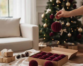 Velvet Christmas Ornament Set, Wine Red Ribbed Baubles