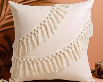 Handmade Morocco Beige Fringed Cushion Cover: Soft Cotton Throw Pillow 45x45cm