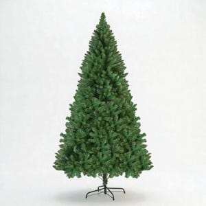 May include: A tall, green artificial Christmas tree with a conical shape. The tree has dense, realistic-looking branches and is supported by a black metal stand. The tree is designed for indoor use and is a festive decoration for the holiday season.