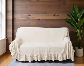 Farmhouse Ruffle Sofa Slipcover – Cotton Linen, Machine-Washable Couch Protector, Cream Shabby Chic