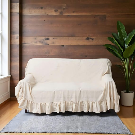 Farmhouse Ruffle Sofa Slipcover – Cotton Linen, Machine-Washable Couch Protector, Cream Shabby Chic