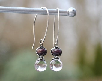 Petite Pale Pink Amethyst & Genuine Sugilite Earrings, Long Oval Oxidized Silver Gemstone Dangles, Sugar Plum Collection, Gift For Her