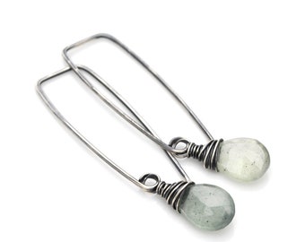 Moss Aquamarine Dangle Earrings: Sterling Silver or Gold Rectangle Threaders, March Birthstone