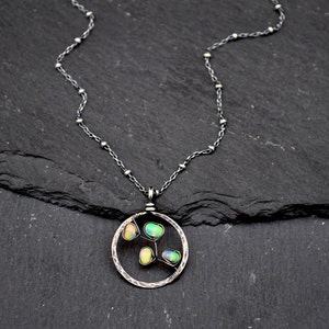 Genuine Opal Necklace, Hammered Silver Circle Pendant, October Birthstone Necklace, Fiery Ethiopian Welo Opals, Artisan Jewelry Gift For Her image 1