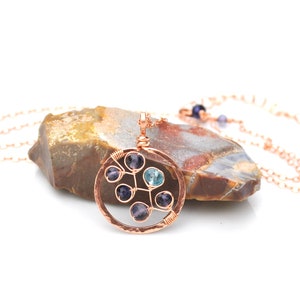 Hammered Rose Gold Circle Necklace, Luxe Violet Blue Iolite & Electric Blue Apatite Gemstone Pendant, Made to Order in Gold or Silver image 1