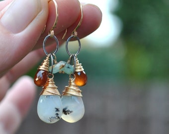 Peruvian Opal Cluster Earrings, Earthy Dendritic Agate + Hessonite Garnet Dangles in Oxidized Silver & Gold, Boho Mixed Metal Fall Jewelry