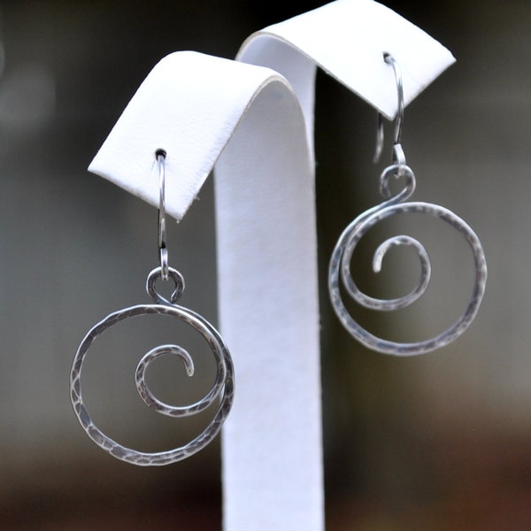 Hammered Spiral Earrings, Oxidized Sterling Silver Dangles, Hand Forged Textured Spiral Dangle Earrings, Gift For Her