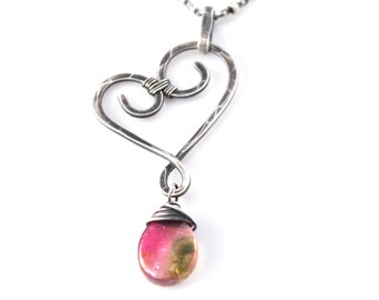 Watermelon Tourmaline Necklace, Small Hand Forged Artisan Heart Pendant, Unique October Birthstone Jewelry, Luxe Tourmaline Crystal Slices