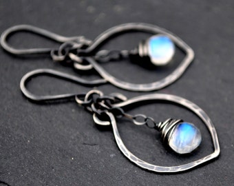 Rainbow Moonstone Earrings, Petite Hammered Sterling Silver Leaf Earrings, Artisan Made Jewelry, AAA Flashy Moonstone Dangles, Made to Order