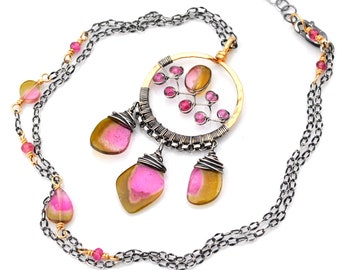 Boho Dreamcatcher Necklace, Mixed Metal Watermelon Tourmaline Pendant, Pink & Yellow Green Tourmaline Slice Necklace, Artisan Dreamcatcher