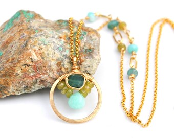 Dainty Rare Gemstone Necklace - Dark Teal Grandidierite, Yellow Green Sphene & Amazonite, Hammered Gold Circle Pendant, Boho Artisan Jewelry