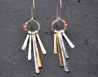 Gold & Silver Fringe Earrings, Hammered Mixed Metal Fringe Dangle Earrings, Artisan Sterling Silver Jewelry, Pink Spinel Gem Accents