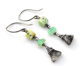 Dainty Chrysoprase Gemstone Earrings, Black Rutilated Quartz & African Yellow Green Chrysoprase Dangles, Oxidized Silver Artisan Jewelry