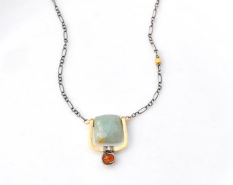 Artisan Hammered Gold Square Pendant, Natural Amazonite & Hessonite Garnet Gemstone Necklace, Boho Mixed Metal Jewelry, Unique Gift For Her