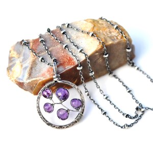 Purple Amethyst Necklace, February Birthstone Jewelry, Hammered Circle Pendant, Artisan Gemstone Jewelry, Made to Order in Silver or Gold