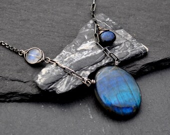 Edgy Asymmetrical Labradorite Necklace, Rainbow Moonstone & Dark Blue Flash Labradorite Oval Pendant, Oxidized Silver Gemstone Jewelry