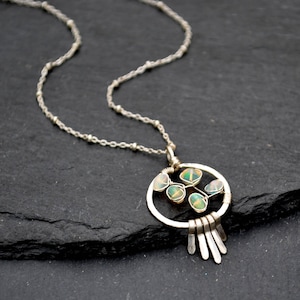 Sterling Silver Opal Necklace: Hammered Circle Pendant, Ethiopian Welo Opal