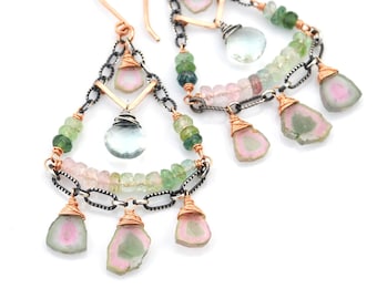 Boho Luxe Watermelon Tourmaline Chandelier Earrings, Mixed Metal Rose Gold Gemstone Dangles, Pale Green Fluorite & Pink Tourmaline Crystals