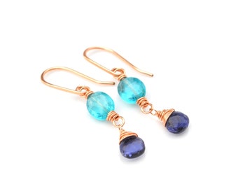 Petite Luxe Gemstone Earrings, Electric Blue Apatite & Violet Blue Iolite, Tiny Rose Gold Gemstone Dangles, Made to Order in Gold or Silver