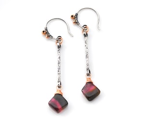 Dainty Mixed Metal Vertical Bar Earrings - Dark Pink, Green & Black Tourmaline Crystal Slices, Oxidized Silver + Rose Gold Gemstone Dangles