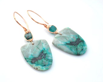 Boho Luxe Chrysocolla Earrings, Artisan Rose Gold Gemstone Earrings, Rare Teal Green Grandidierite & Chrysocolla Dangles, OOAK Gift For Her