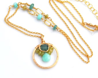 Luxe Artisan Gemstone Necklace, Hammered Gold Circle Pendant, Rare Teal Green Grandidierite, Chartreuse Yellow Sphene & Baby Blue Amazonite