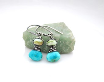 Petite Genuine Turquoise Earrings, Natural Green Peruvian Opal & Arizona Turquoise Dangles in Oxidized Silver, Artisan Gemstone Jewelry