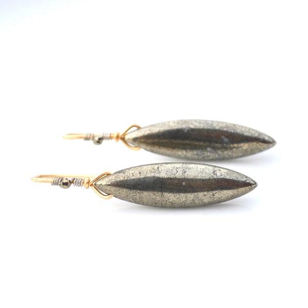 Long Sleek Pyrite Marquise Earrings, Hand Forged Gold Rectangle Threaders, Natural Metallic Golden Pyrite Stone Dangles, Unique Gift For Her