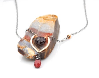 Dainty Mixed Metal Garnet Necklace, Hammered Rose Gold Petal Pendant, Dark Maroon Spessartite & Red Garnet Gemstones in Oxidized Silver