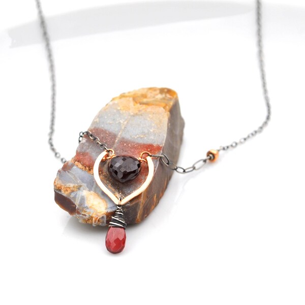 Dainty Mixed Metal Garnet Necklace, Hammered Rose Gold Petal Pendant, Dark Maroon Spessartite & Red Garnet Gemstones in Oxidized Silver