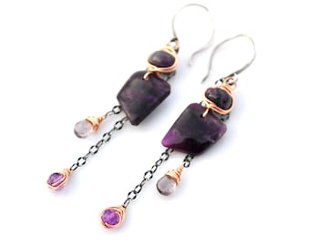 Rare Natural Dark Purple Sugilite Earrings, Dainty Amethyst & Lavender Spinel Gemstone Dangles, Mixed Metal Jewelry, Sugar Plum Collection