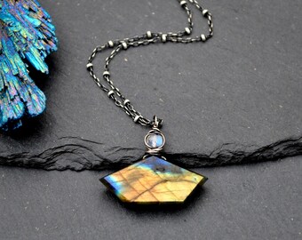 Funky Geometric Labradorite Necklace, Flashy Golden Yellow & Blue Rainbow Moonstone Gemstone Pendant in Oxidized Silver, Unique Gift For Her