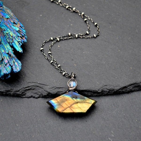 Funky Geometric Labradorite Necklace, Flashy Golden Yellow & Blue Rainbow Moonstone Gemstone Pendant in Oxidized Silver, Unique Gift For Her