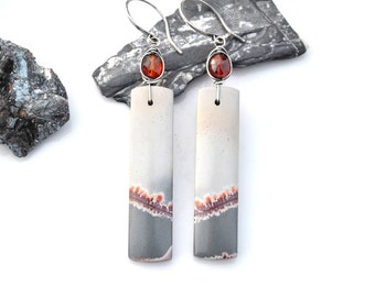 Sonora Dendritic Jasper Rectangle Earrings, Red Orange Spessartine Garnet & Natural Jasper Stones in Oxidized Silver, Unique Gift For Her