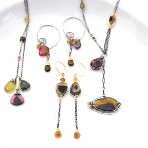 Luxe Artisan Tourmaline Y Necklace, Rare Natural Hot Pink & Chartreuse Yellow Tourmaline Gemstone Pendant, Oxidized Silver Jewelry For Her