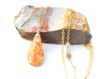 Dainty Ocean Jasper Necklace, OOAK Peachy Orange & Yellow Ocean Jasper Teardrop Pendant, Dainty Gold Gemstone Necklace, Artisan Jewelry