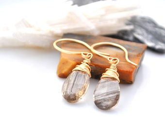 Rare Gemstone Teardrop Earrings, One of a Kind Rutilated Cats Eye Scapolite Dangles, Dainty Gold Artisan Earrings, Unique Gift For Her