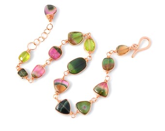 Luxe AAA Watermelon Tourmaline Slice Bracelet, Lime Green Peridot & Vibrant Pink Tourmaline, Delicate Rose Gold Gemstone Layering Bracelet