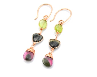 Petite Peridot & Tourmaline Slice Earrings, Vibrant Lime Green + Watermelon Tourmaline Dangle Earrings in Rose Gold, Dainty Gemstone Jewelry