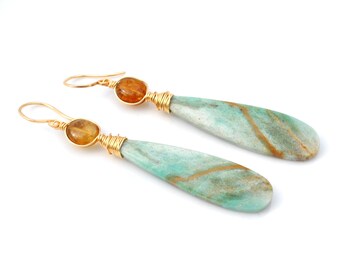 Long Boho Luxe Chrysocolla Earrings, Golden Yellow Brown Tourmaline & Seafoam Green Chrysocolla Dangles, Gold Artisan Gemstone Jewelry